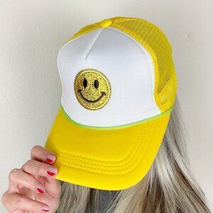 Yellow White Smiley Face Retro Trucker Snapback Hat Cap